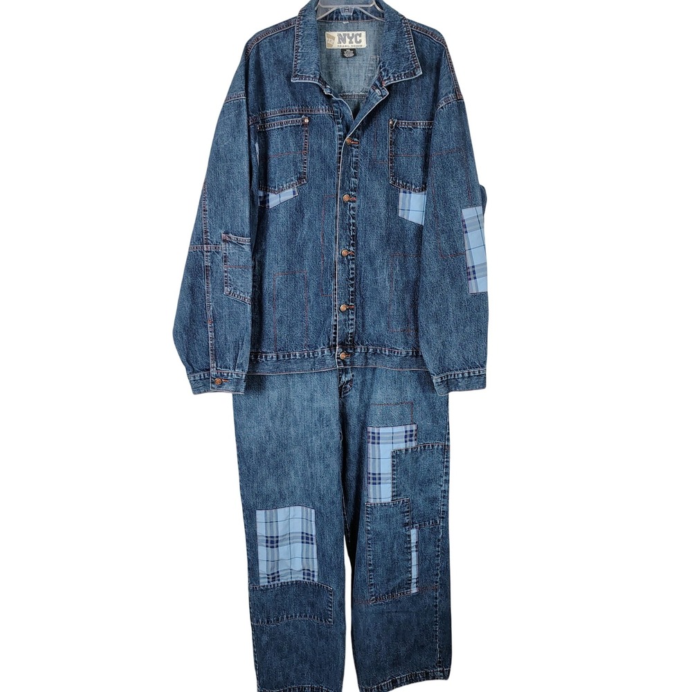 NYC Brand Denim 2 Piece Patchwork Plaid Jacket 2XL Jeans 40x32 urban streetwear